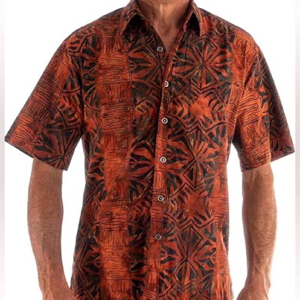 Johari West Hawaiian Shirt in Orange and Green Geometric Forest, XLT